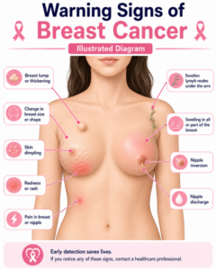 Warning signs of breast cancer illustrated diagram